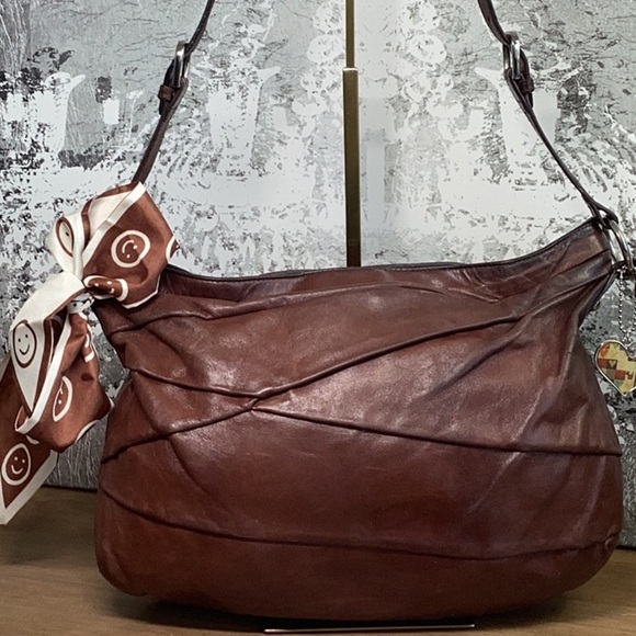 Hobo Brand Chic Brown Leather Hobo Bag with Scarf Accent, good used condition. - Picture 1 of 15